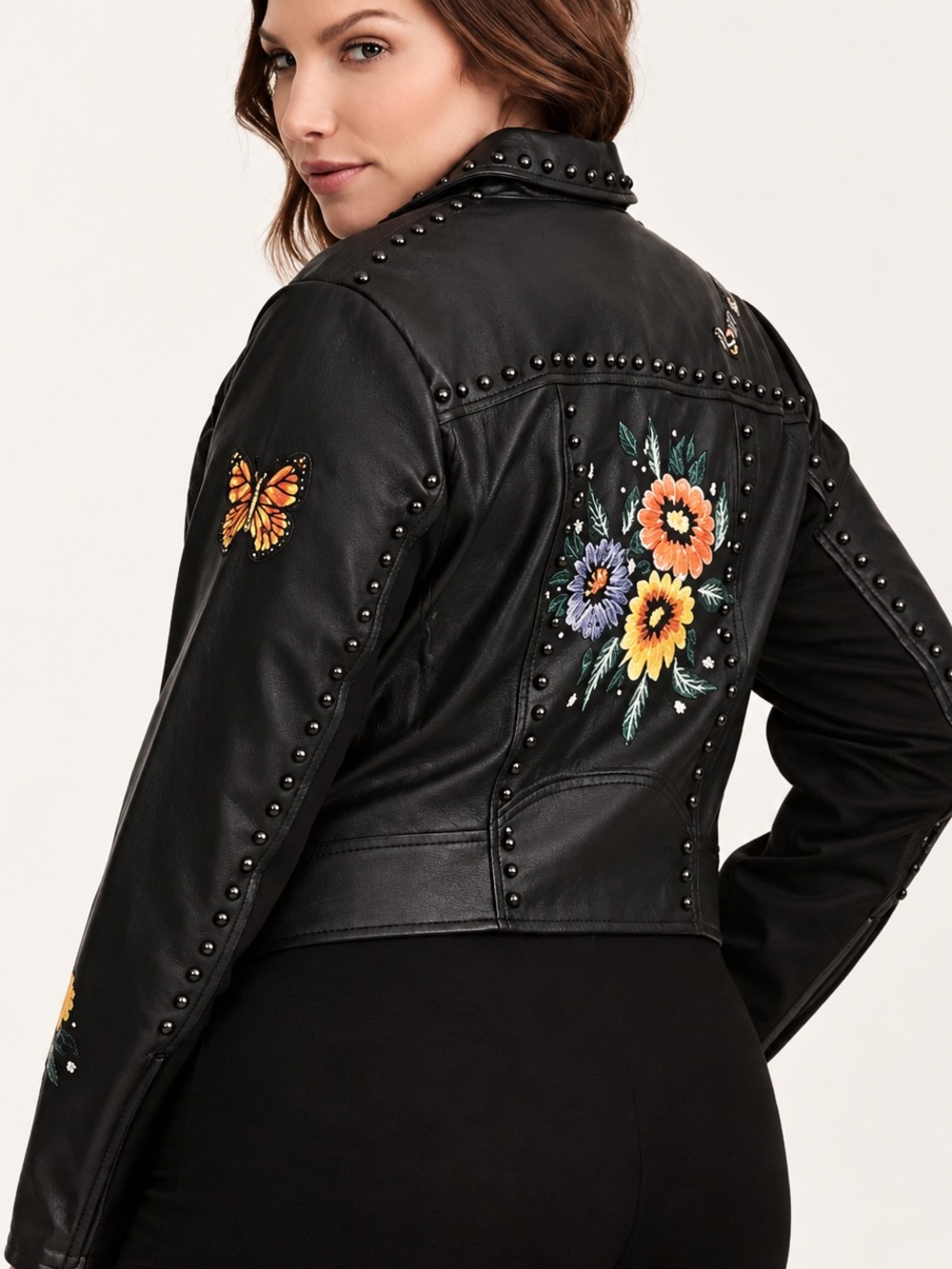 torrid Black Leather Bomber Jacket Embroidered Butteryfly Floral Moto Size 1X
